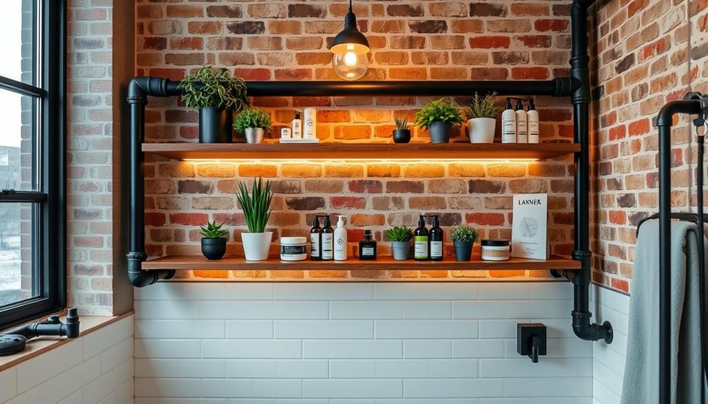 Industrial pipe shelving in modern bathroom design