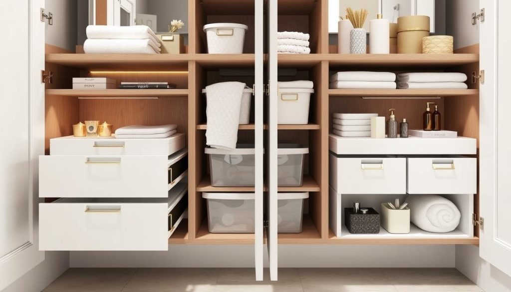 Innovative under-cabinet organization for stylish bathroom design