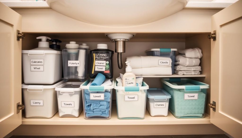 Labeled bins for bathroom organization