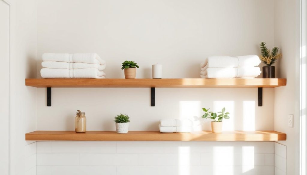 Minimalist bathroom shelving with seasonal decor