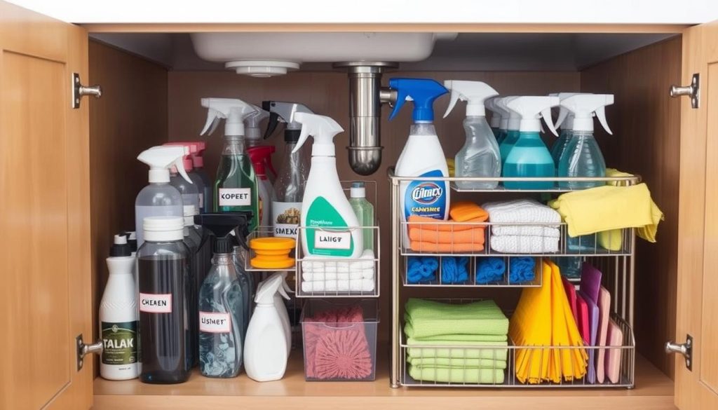 Organizing cleaning supplies under sink