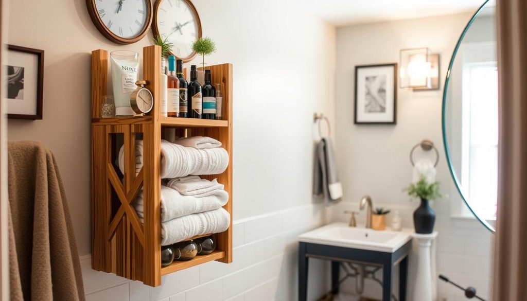 Repurposed bathroom storage using wine rack