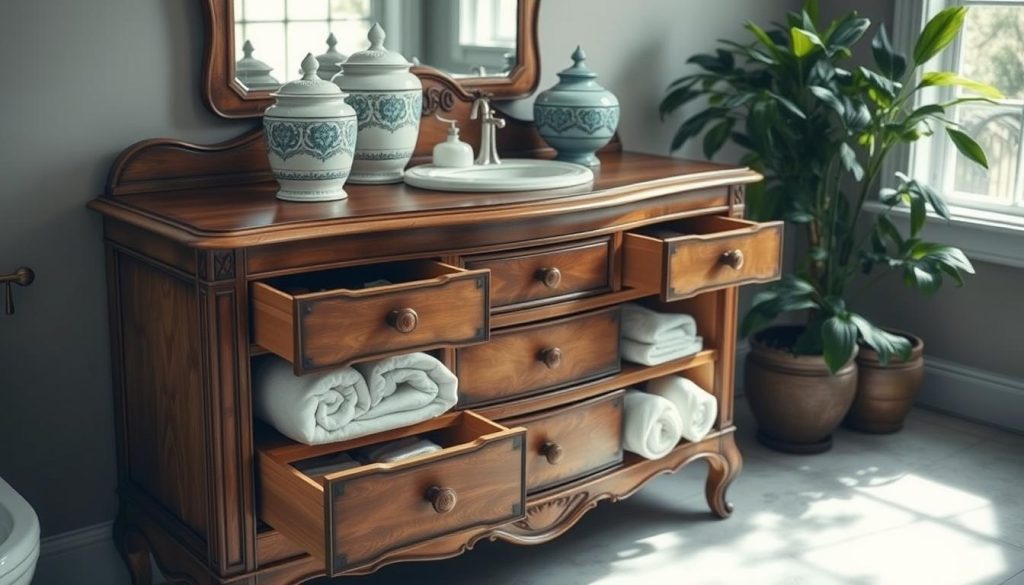 Repurposed furniture as bathroom storage