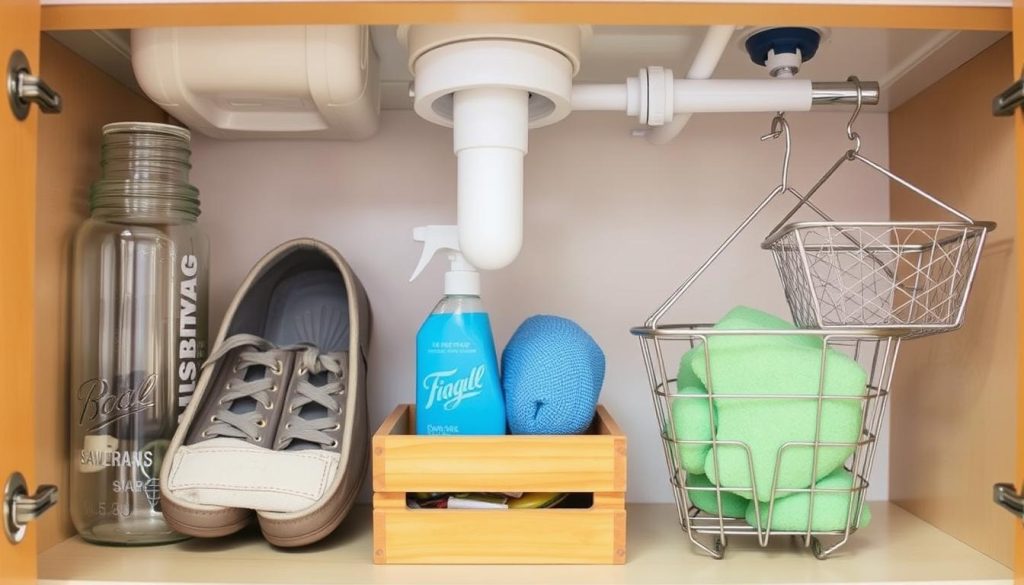 Repurposing household items for under-sink organization