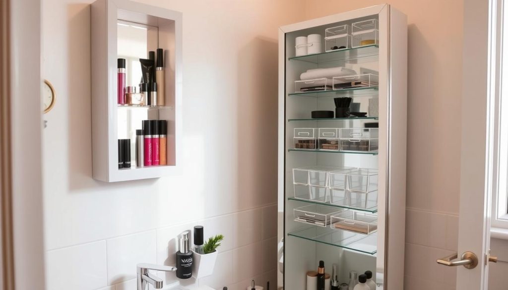 Space-saving makeup storage in small bathrooms