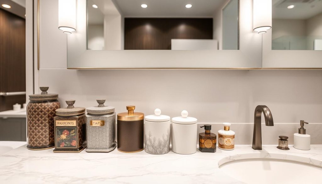 Stylish bathroom design with decorative canisters