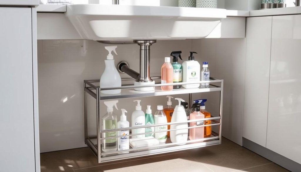 Tiered sliding shelves for under-sink storage