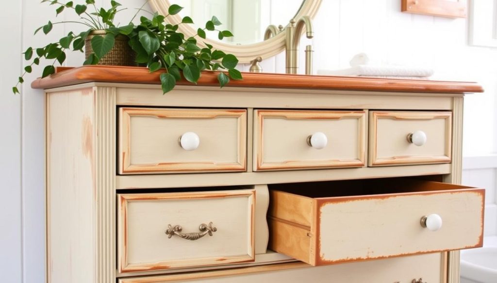 Upcycled dresser vanity for bathroom organization