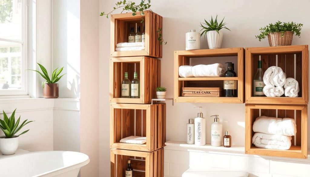 Upcycled wine crate bathroom storage