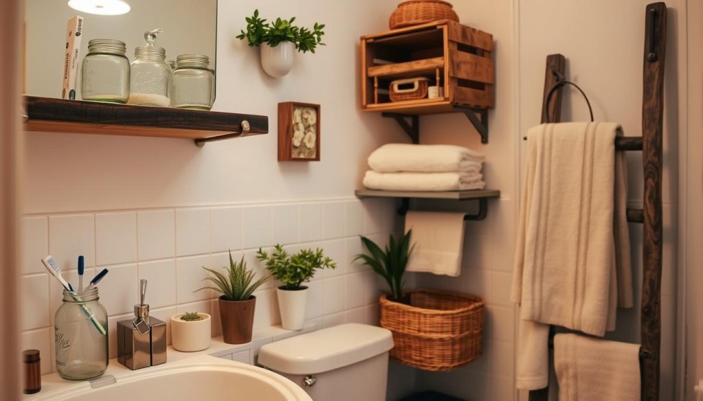 Upcycling household items for bathroom storage