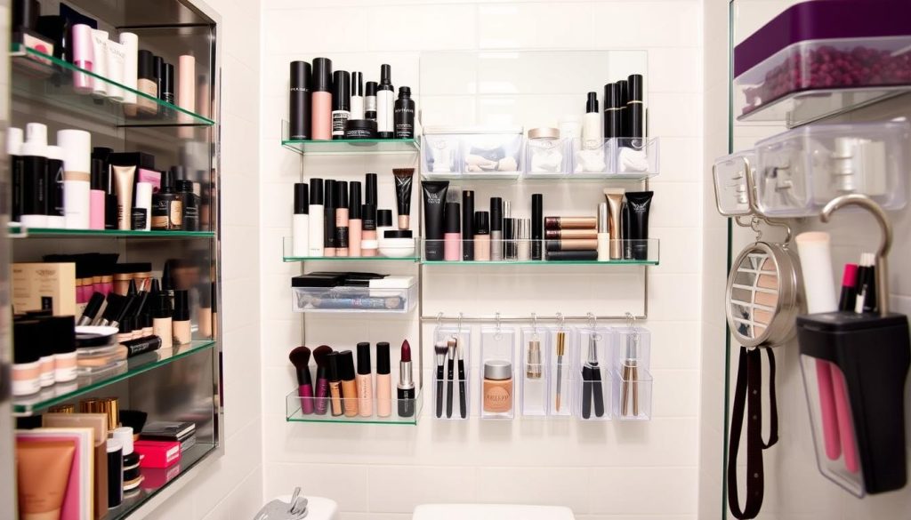 Vertical makeup storage in small bathrooms