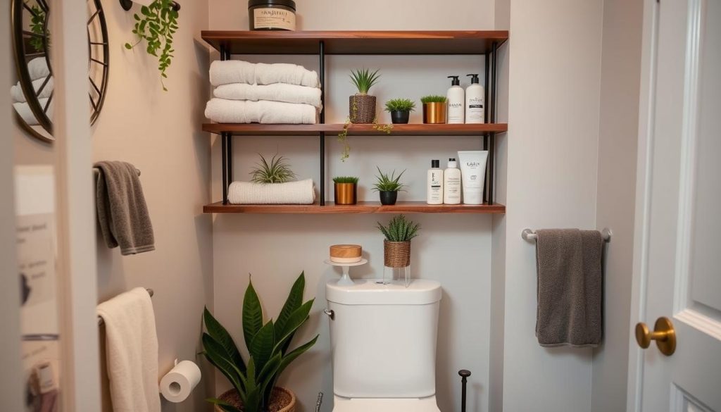 Vertical storage in small bathroom