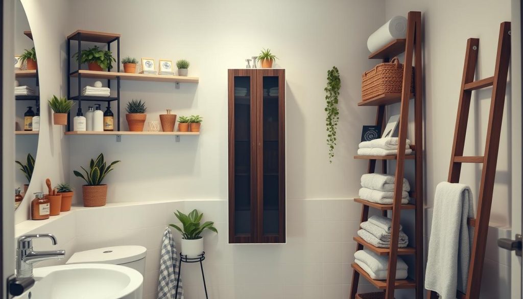 Vertical storage solutions for maximizing small bathrooms