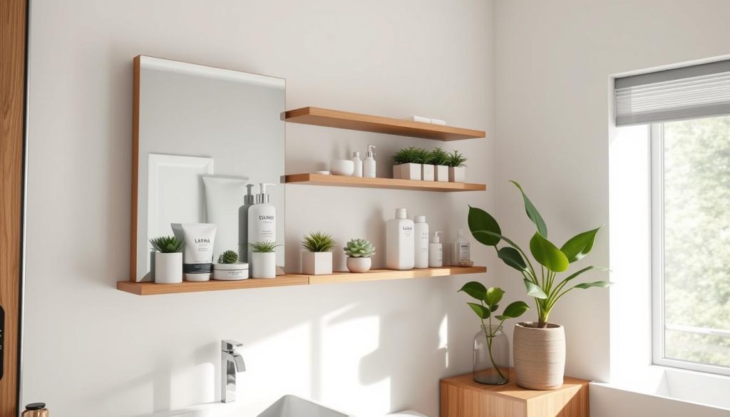 Wall-mounted shelves in bathroom