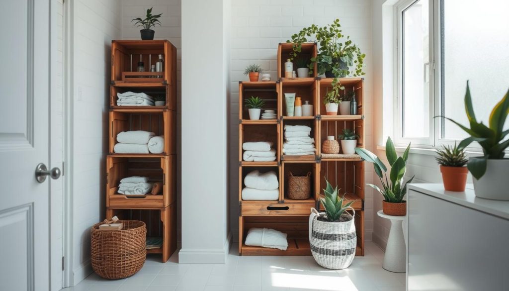 Wooden crate storage in bathroom