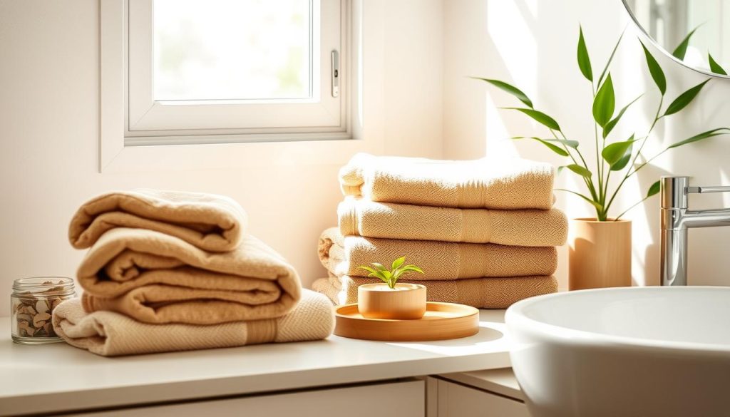 eco-friendly towels in a sustainable bathroom