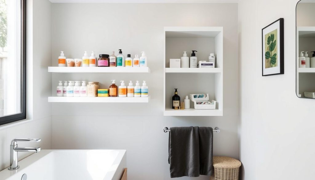 Bathroom wall-mounted shelves with labels