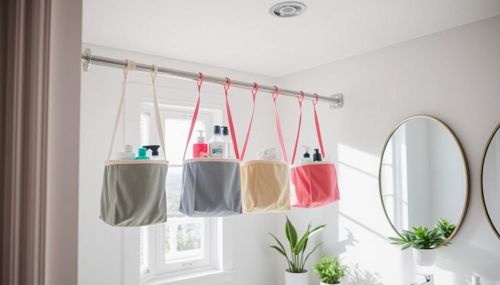 Creative curtain rod storage for bathroom makeover ideas