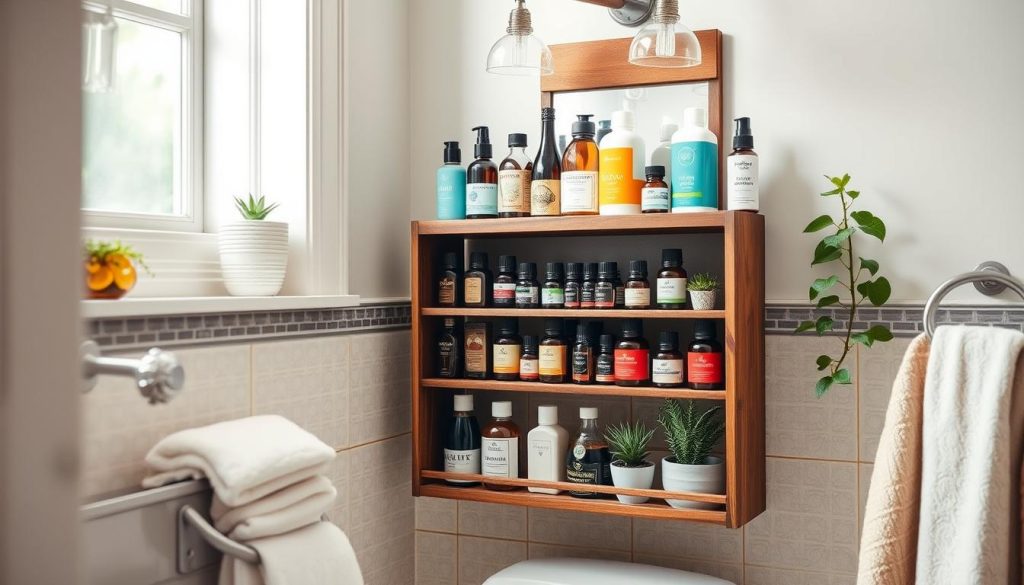 DIY aesthetic bathroom decor using spice rack