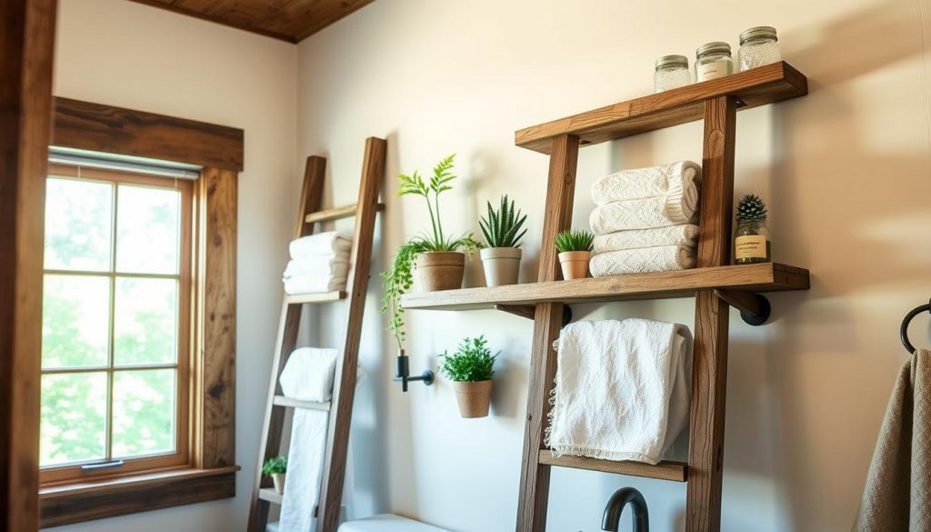 DIY ladder shelf for farmhouse-style bathroom storage