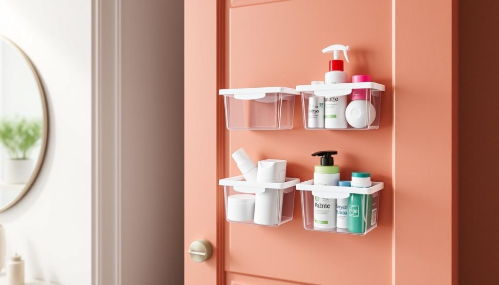 Door-mounted clear bins for bathroom organization