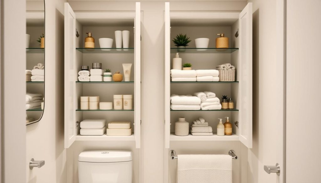 Door-mounted shelving for compact bathroom organizers