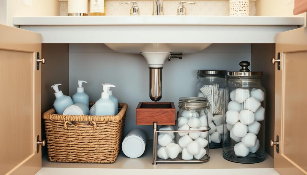 Functional bathroom organization under sink