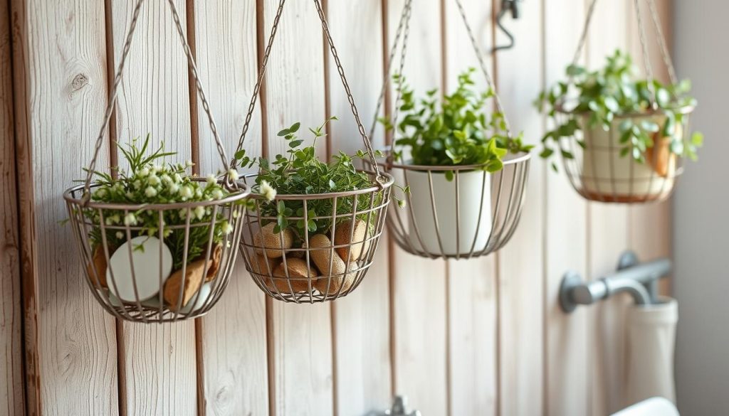 Hanging wire baskets for rustic decor