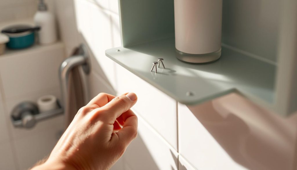 Installing shelf pins for bathroom storage