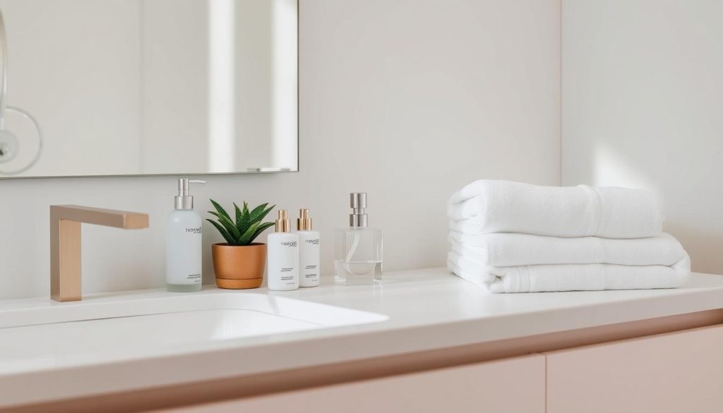 Organized essentials on bathroom countertop