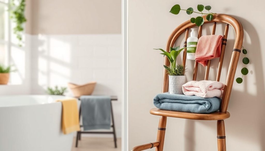 Repurposed chair as bathroom shelf