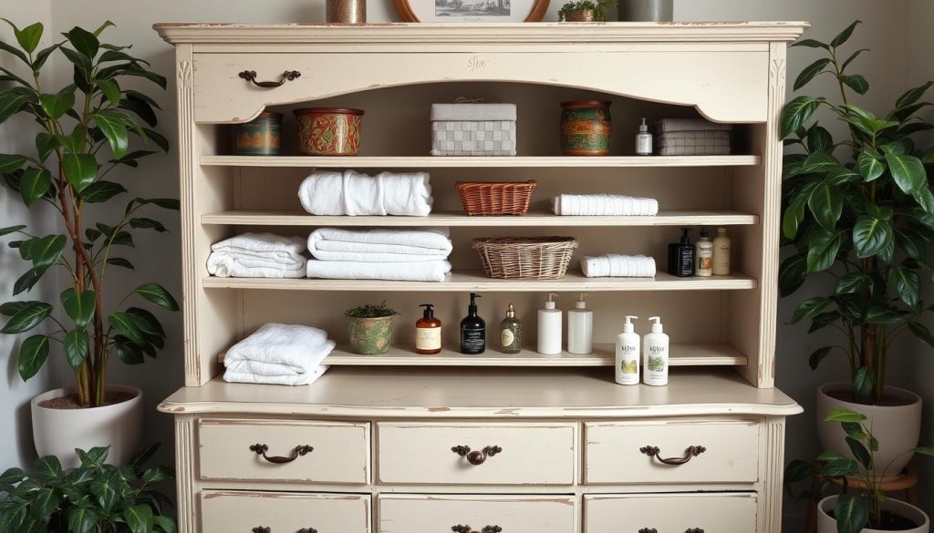 Repurposed dresser for bathroom storage