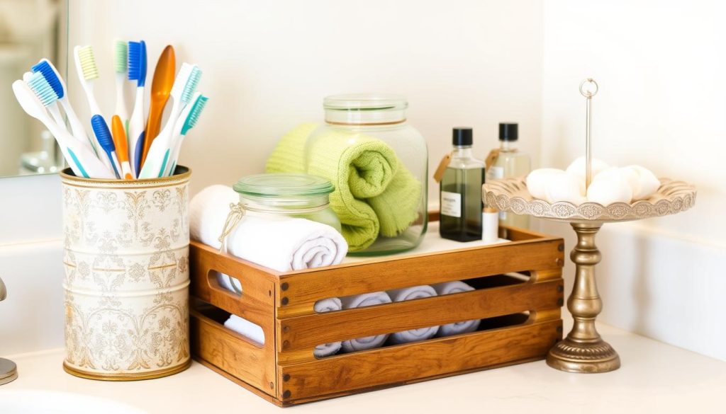 Repurposed items for bathroom storage