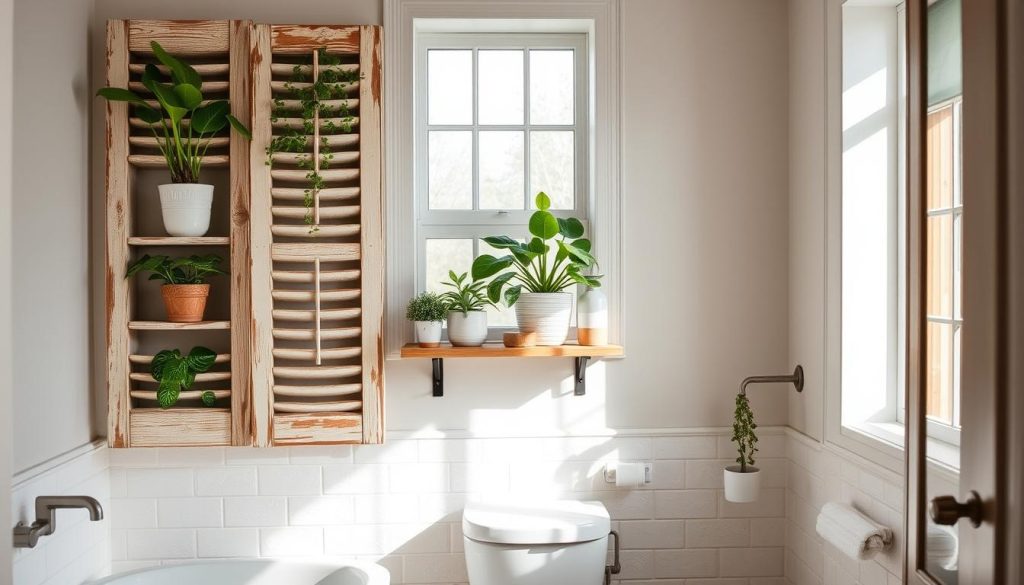 Repurposed wooden shutters for bathroom storage