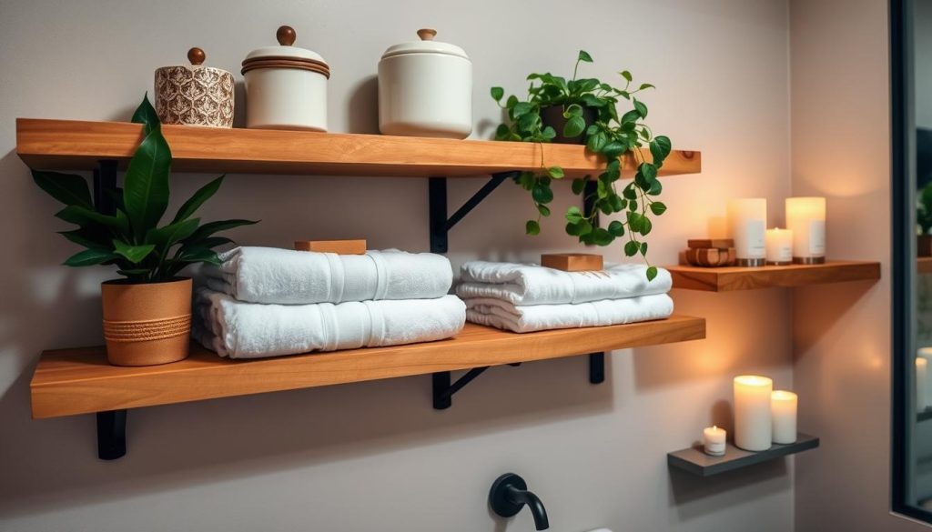 Stylish bathroom shelf organization