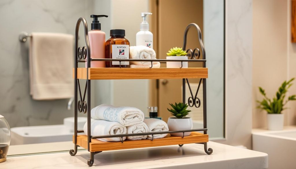 Two-tiered stand for bathroom countertop organization