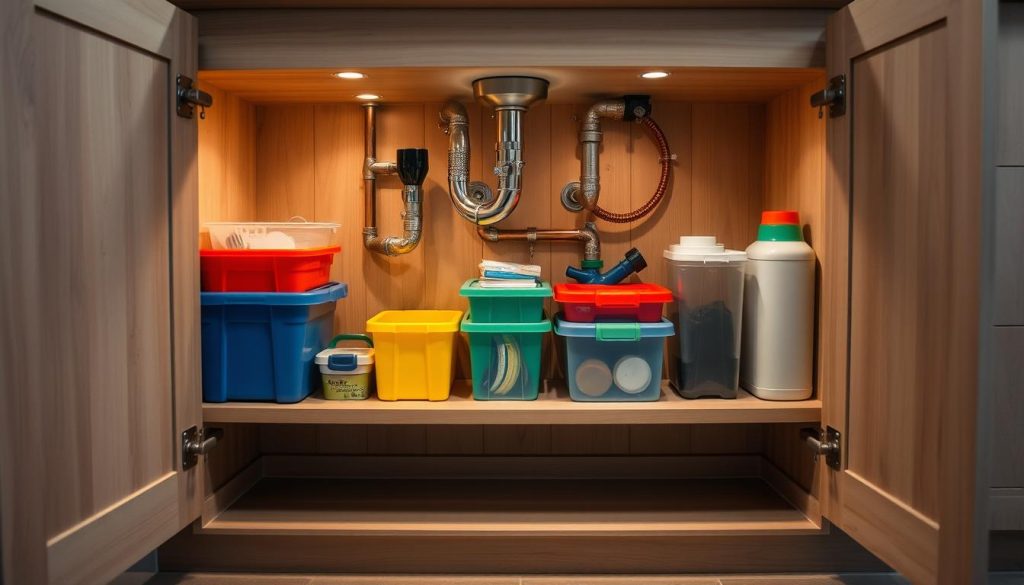 Under-sink organization with plumbing pipe concealment