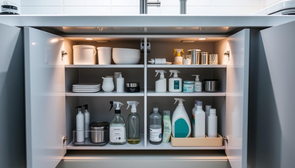 Under-sink organization with pull-out shelves