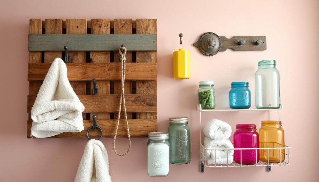 Upcycled bathroom accessories for towel storage