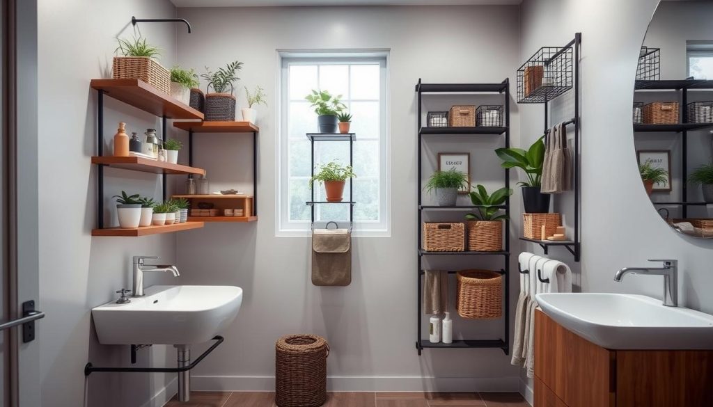 Vertical storage options for bathroom decor with shelves