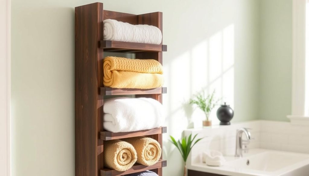 Wine rack repurposed as towel storage